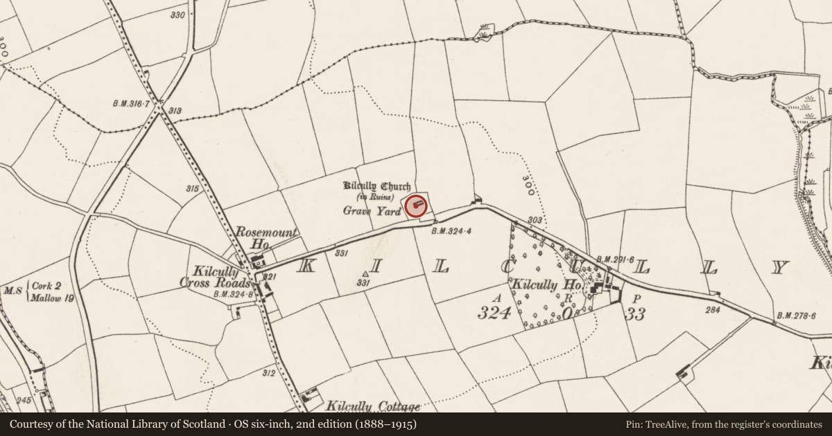 Ordnance Survey six-inch map, 2nd edition (1888–1915) covering the location of Graveyard, Kilcully, County Cork, with a pin at the register's coordinates
