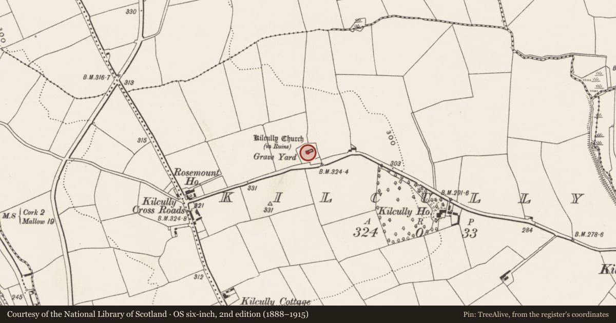Ordnance Survey six-inch map, 2nd edition (1888–1915) covering the location of Church, Kilcully, County Cork, with a pin at the register's coordinates