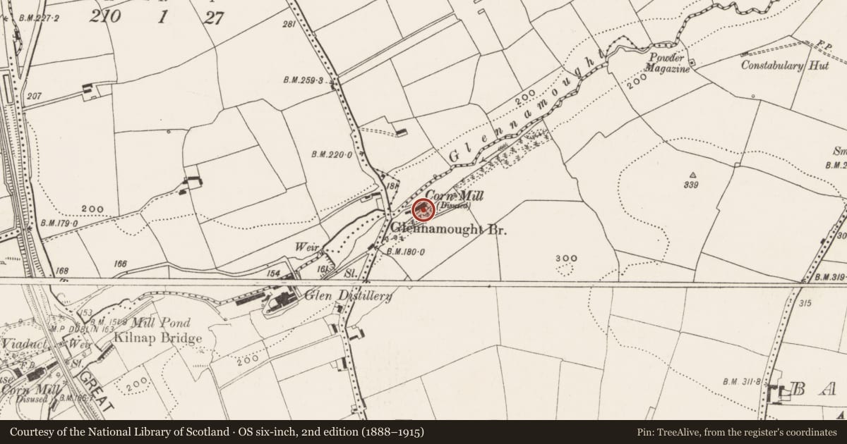 Ordnance Survey six-inch map, 2nd edition (1888–1915) covering the location of Mill - corn, County Cork, with a pin at the register's coordinates