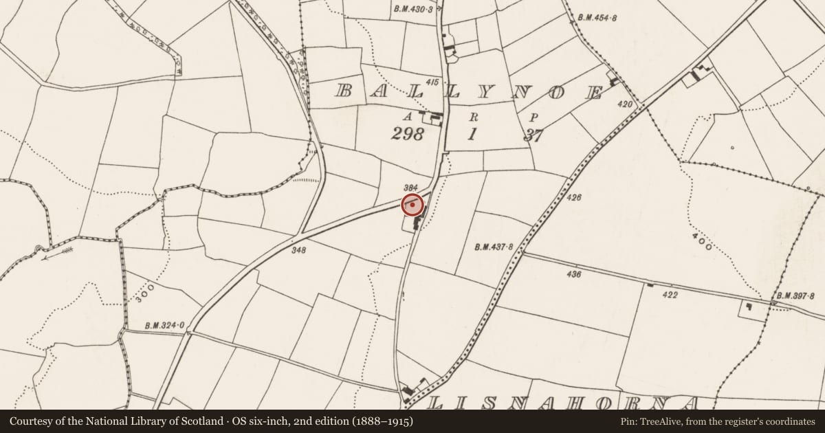 Ordnance Survey six-inch map, 2nd edition (1888–1915) covering the location of Fulacht fia, Ballynoe, County Cork, with a pin at the register's coordinates