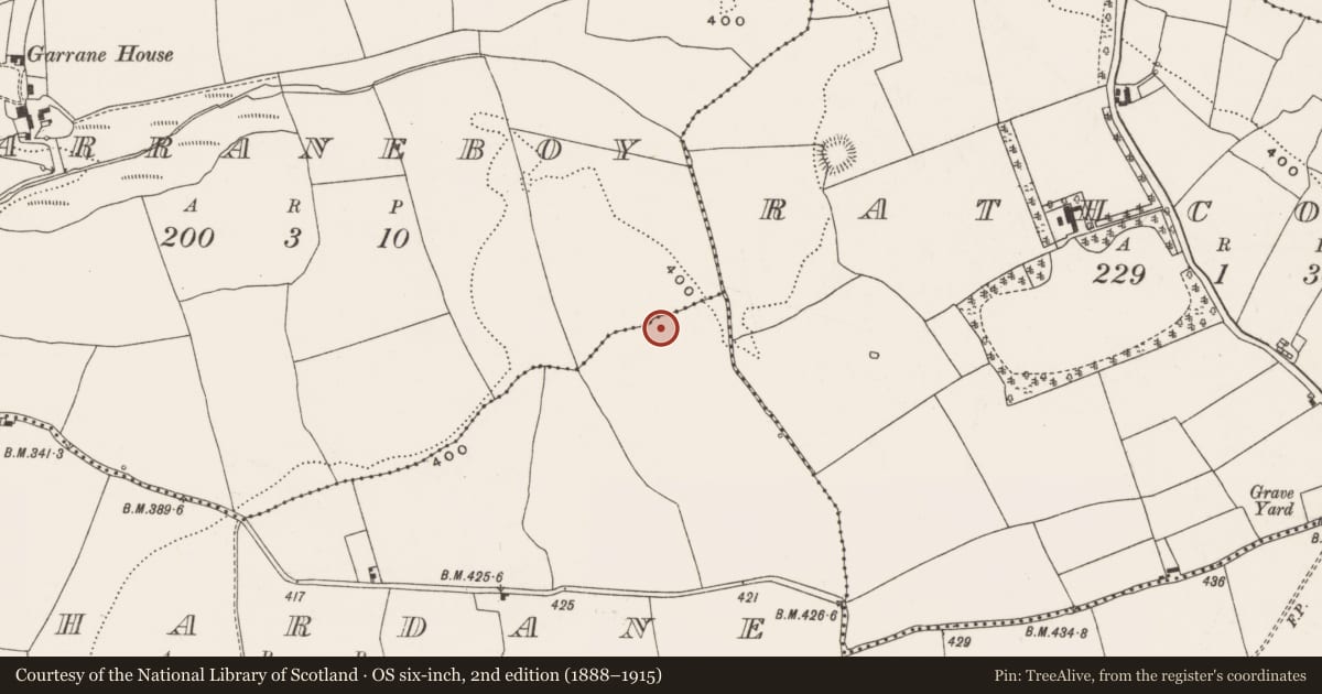 Ordnance Survey six-inch map, 2nd edition (1888–1915) covering the location of Fulacht fia, Lahardane, County Cork, with a pin at the register's coordinates