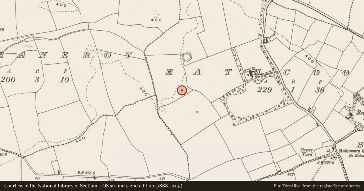 Ordnance Survey six-inch map, 2nd edition (1888–1915) covering the location of Fulacht fia, Rathcooney, County Cork, with a pin at the register's coordinates