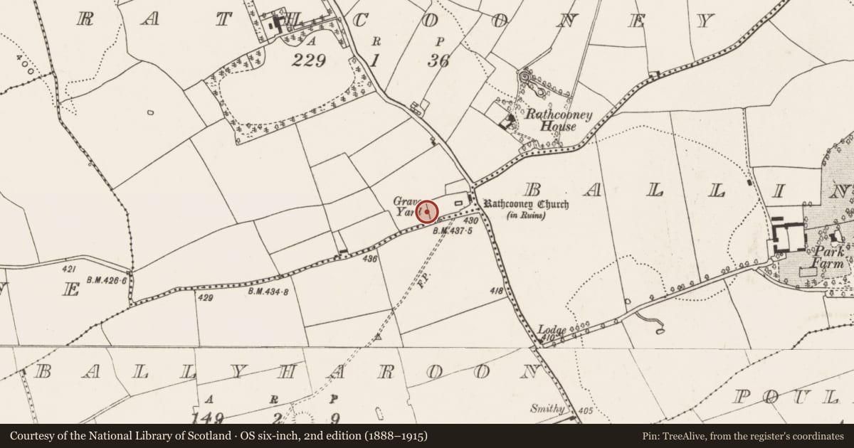 Ordnance Survey six-inch map, 2nd edition (1888–1915) covering the location of Graveyard, Rathcooney, County Cork, with a pin at the register's coordinates