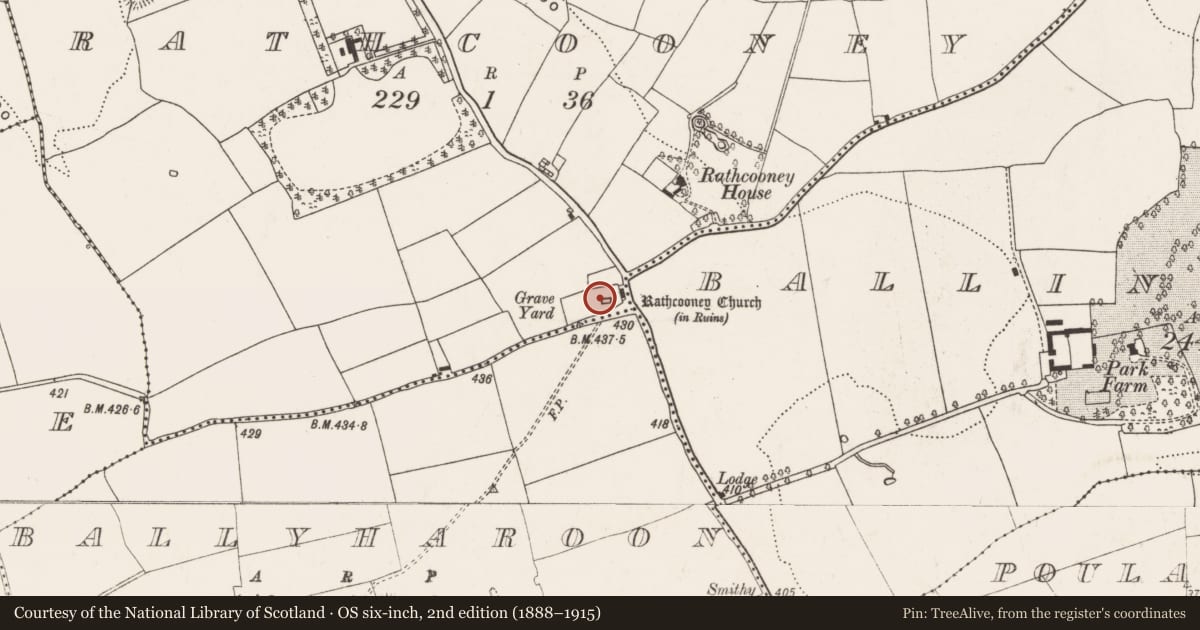 Ordnance Survey six-inch map, 2nd edition (1888–1915) covering the location of Church, Rathcooney, County Cork, with a pin at the register's coordinates