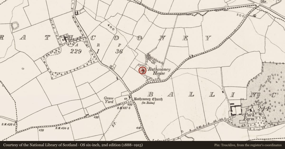 Ordnance Survey six-inch map, 2nd edition (1888–1915) covering the location of Country house, Rathcooney, County Cork, with a pin at the register's coordinates