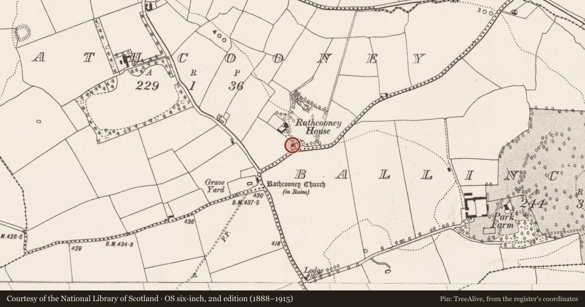 Ordnance Survey six-inch map, 2nd edition (1888–1915) covering the location of Designed landscape - belvedere, Rathcooney, County Cork, with a pin at the register's coordinates