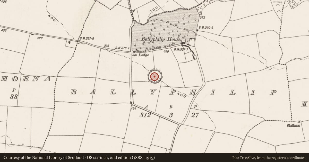 Ordnance Survey six-inch map, 2nd edition (1888–1915) covering the location of Enclosure, Ballyphilip, County Cork, with a pin at the register's coordinates