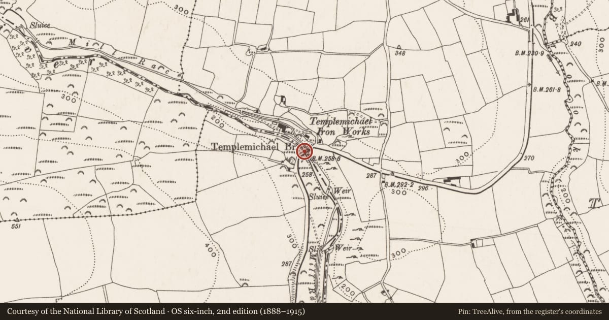 Ordnance Survey six-inch map, 2nd edition (1888–1915) covering the location of Bridge, Coole East, Templemichael, County Cork, with a pin at the register's coordinates
