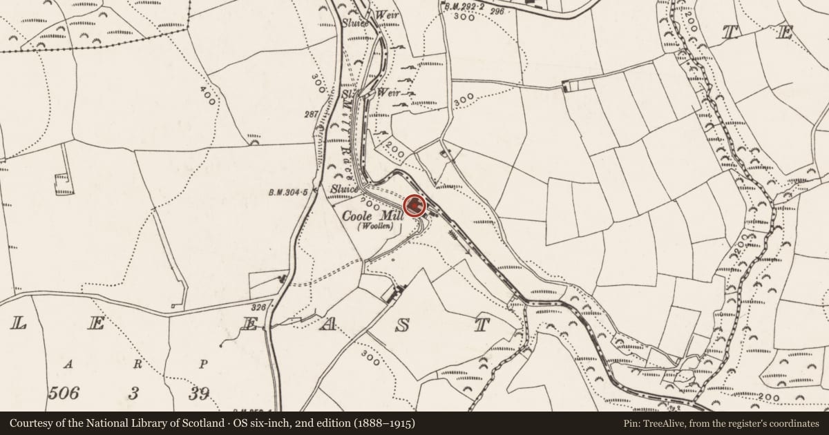 Ordnance Survey six-inch map, 2nd edition (1888–1915) covering the location of Mill - woollen, Coole East, County Cork, with a pin at the register's coordinates