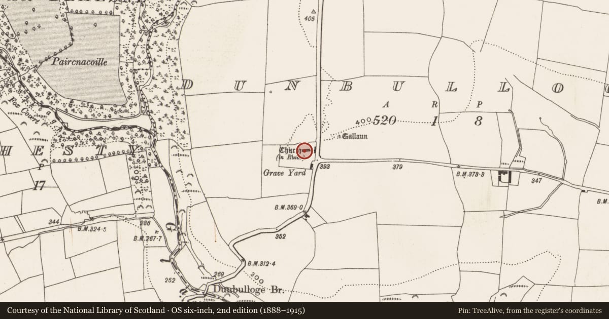 Ordnance Survey six-inch map, 2nd edition (1888–1915) covering the location of Souterrain, Dunbulloge, County Cork, with a pin at the register's coordinates