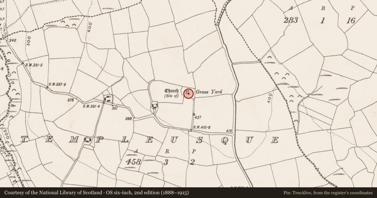 Ordnance Survey six-inch map, 2nd edition (1888–1915) covering the location of Bullaun stone, Templeusque, County Cork, with a pin at the register's coordinates