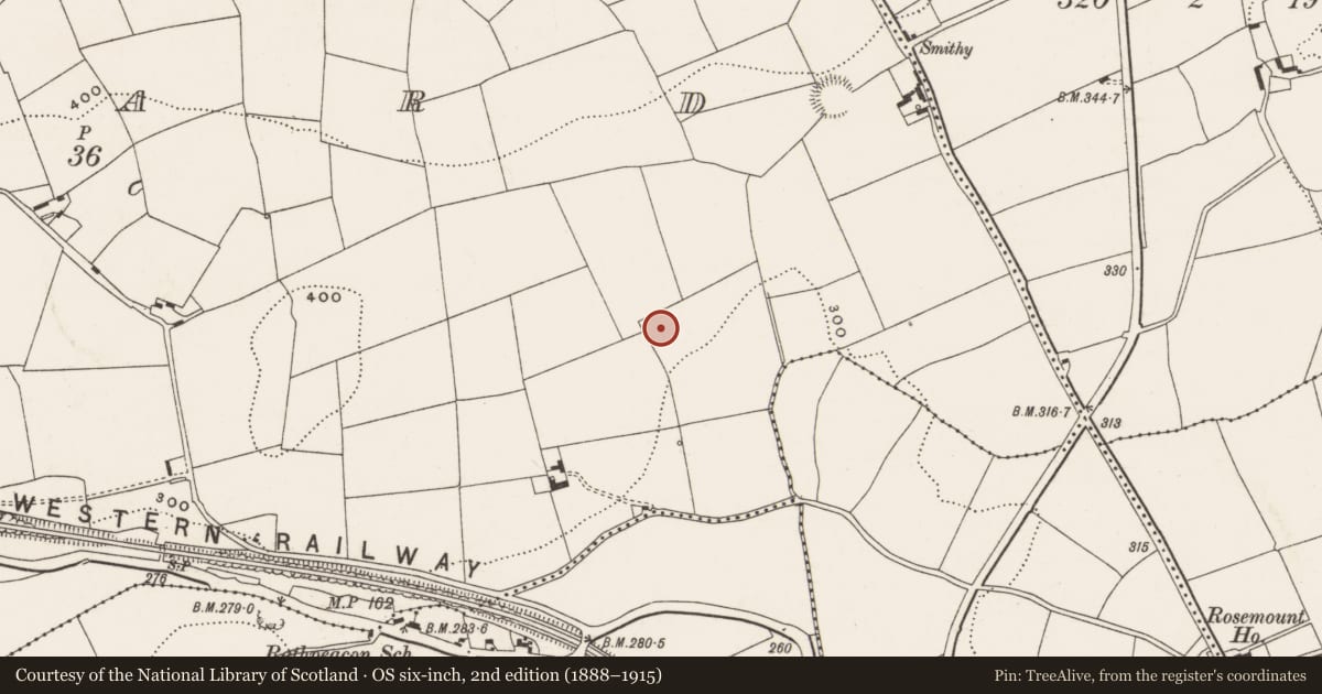 Ordnance Survey six-inch map, 2nd edition (1888–1915) covering the location of Fulacht fia, Monard, County Cork, with a pin at the register's coordinates