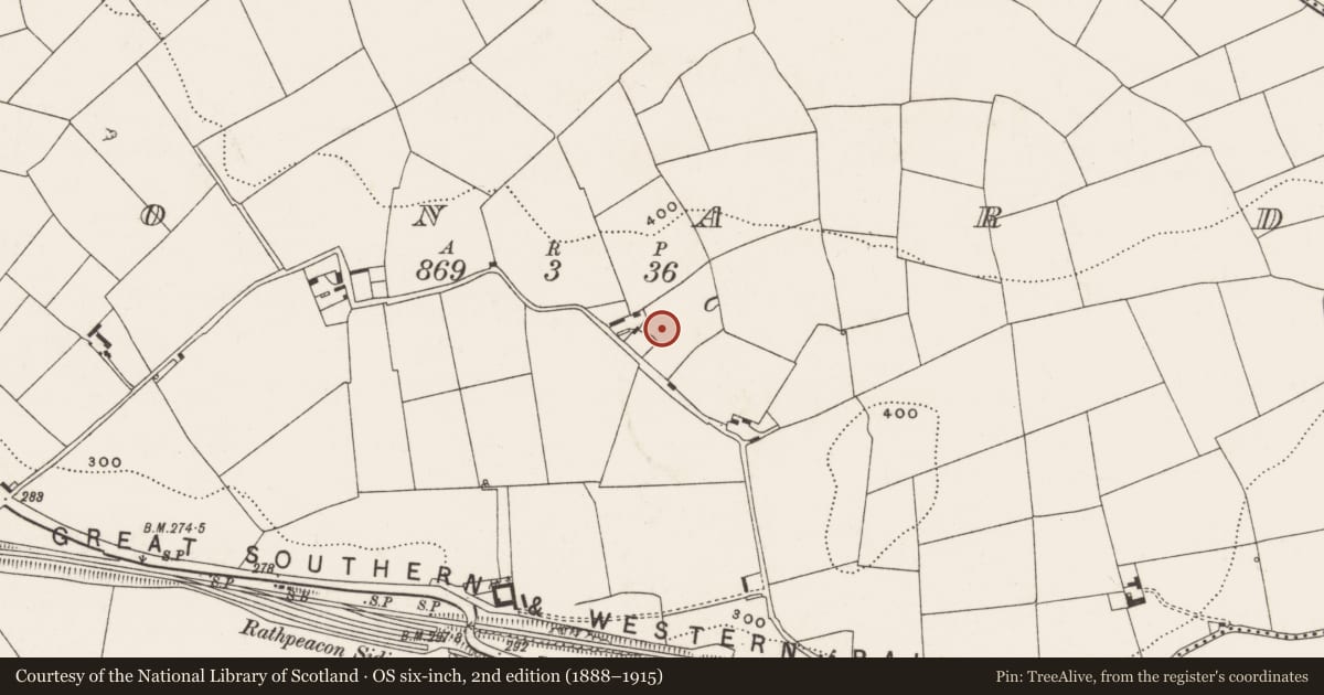 Ordnance Survey six-inch map, 2nd edition (1888–1915) covering the location of Standing stone, Monard, County Cork, with a pin at the register's coordinates