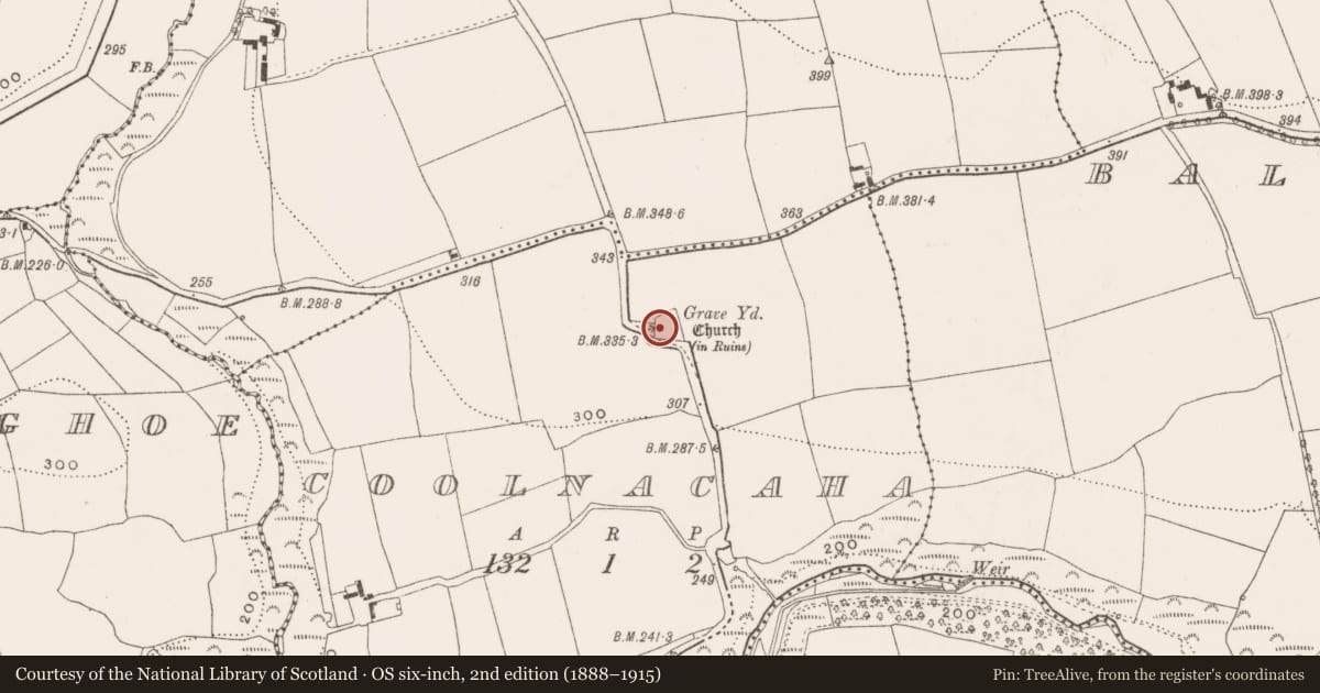 Ordnance Survey six-inch map, 2nd edition (1888–1915) covering the location of Church, Coolnacaha, County Cork, with a pin at the register's coordinates