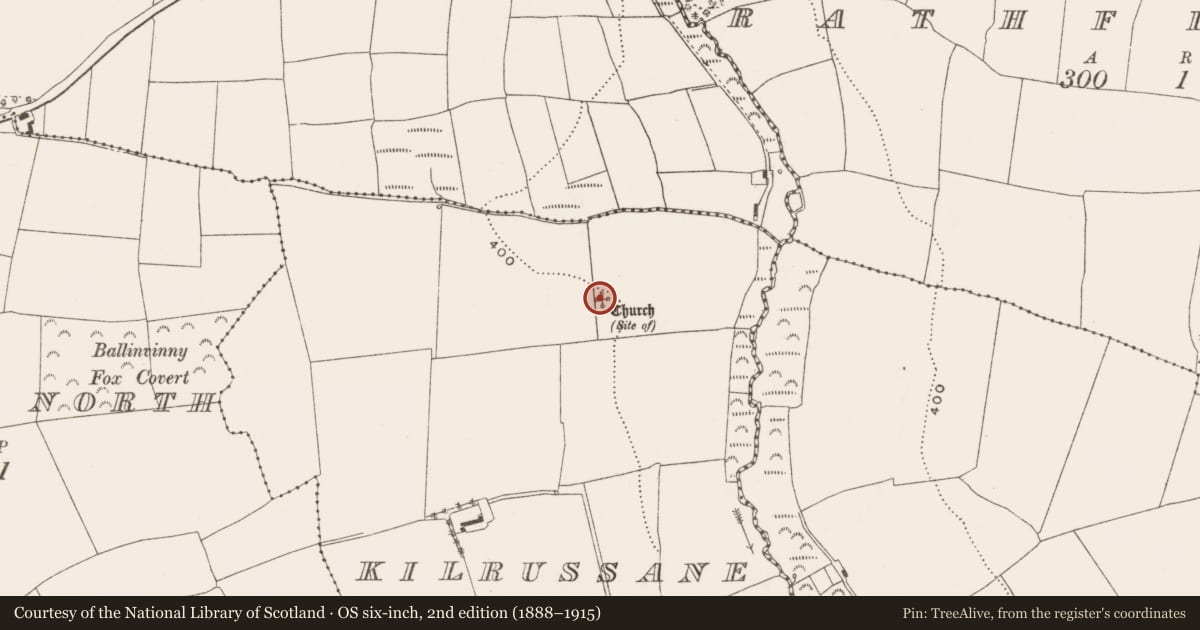 Ordnance Survey six-inch map, 2nd edition (1888–1915) covering the location of Graveyard, Kilrussane, County Cork, with a pin at the register's coordinates