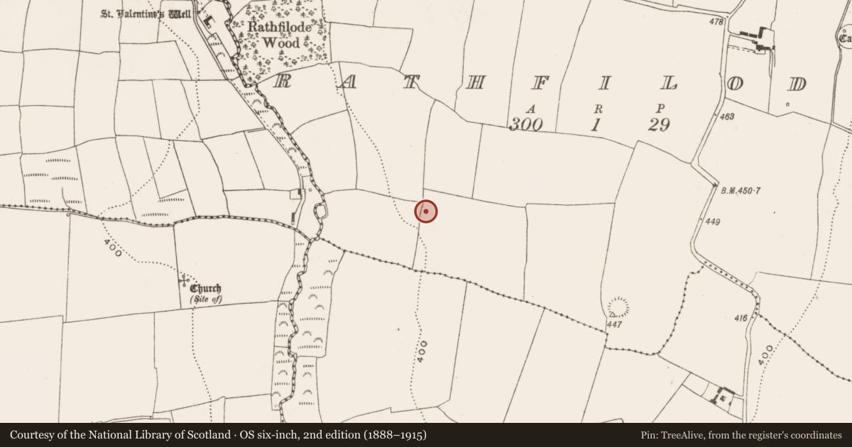 Ordnance Survey six-inch map, 2nd edition (1888–1915) covering the location of Enclosure, Rathfilode, County Cork, with a pin at the register's coordinates