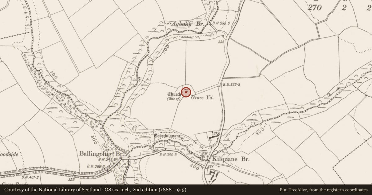 Ordnance Survey six-inch map, 2nd edition (1888–1915) covering the location of Ecclesiastical enclosure, Kilquane, County Cork, with a pin at the register's coordinates
