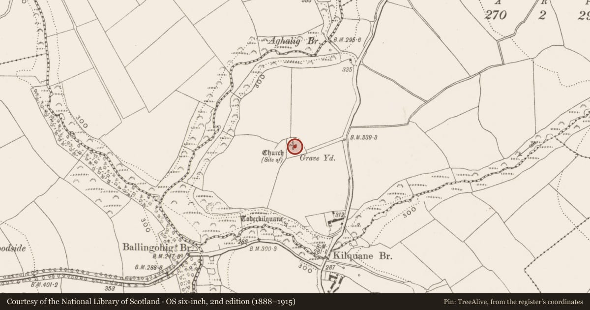 Ordnance Survey six-inch map, 2nd edition (1888–1915) covering the location of Graveyard, Kilquane, County Cork, with a pin at the register's coordinates