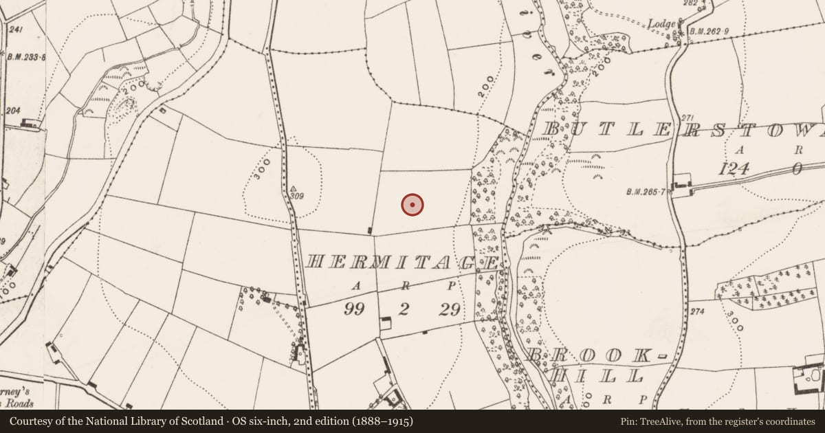 Ordnance Survey six-inch map, 2nd edition (1888–1915) covering the location of Standing stone, Hermitage, County Cork, with a pin at the register's coordinates