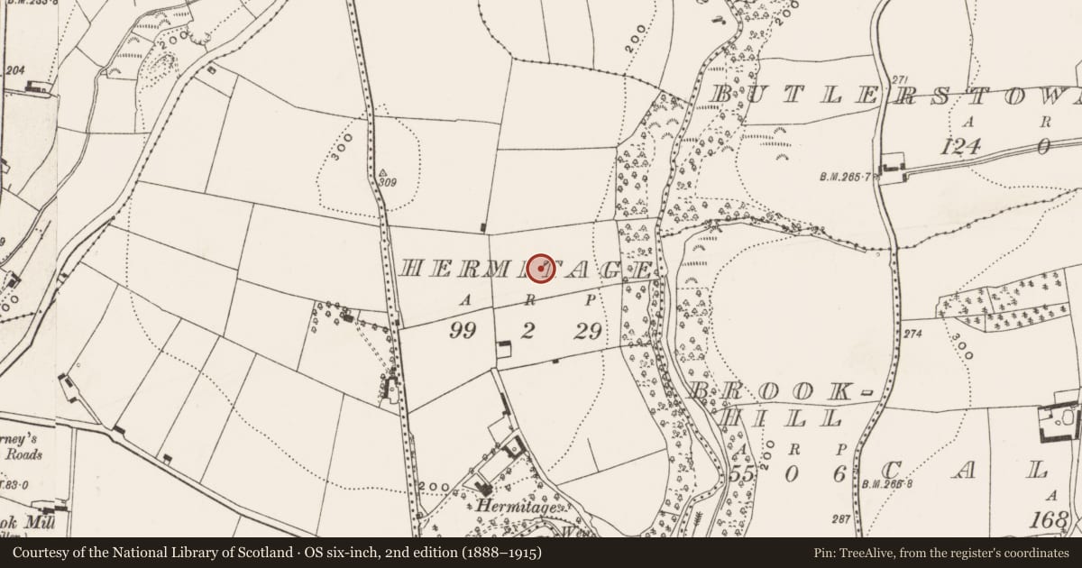 Ordnance Survey six-inch map, 2nd edition (1888–1915) covering the location of Standing stone, Hermitage, County Cork, with a pin at the register's coordinates