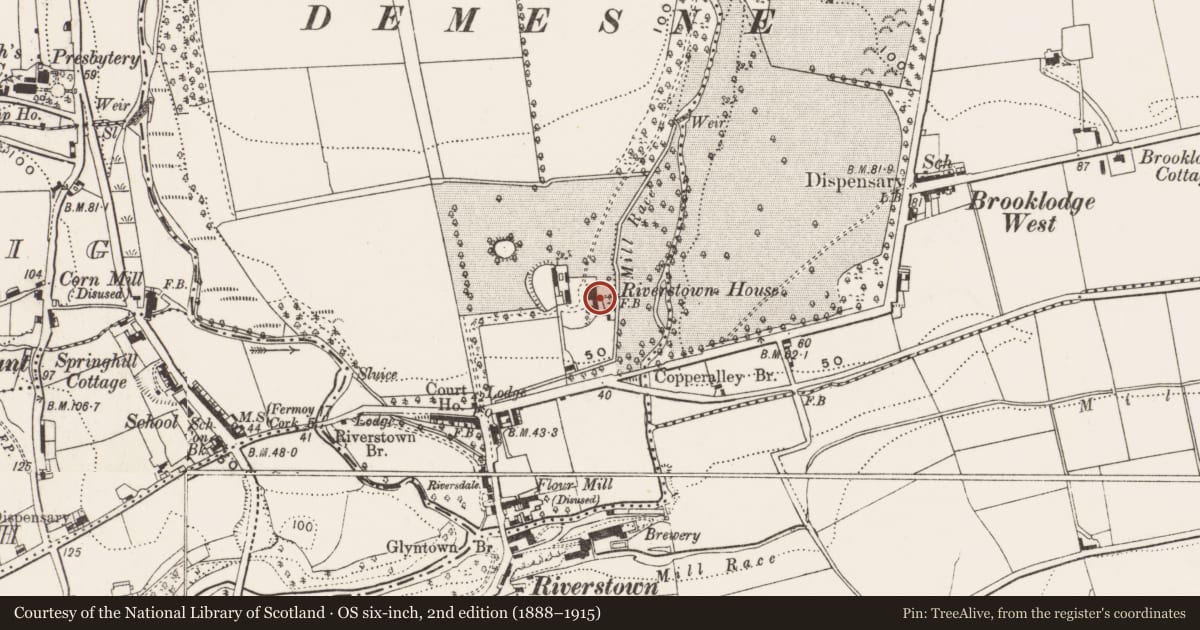 Ordnance Survey six-inch map, 2nd edition (1888–1915) covering the location of Country house, Riverstown, County Cork, with a pin at the register's coordinates