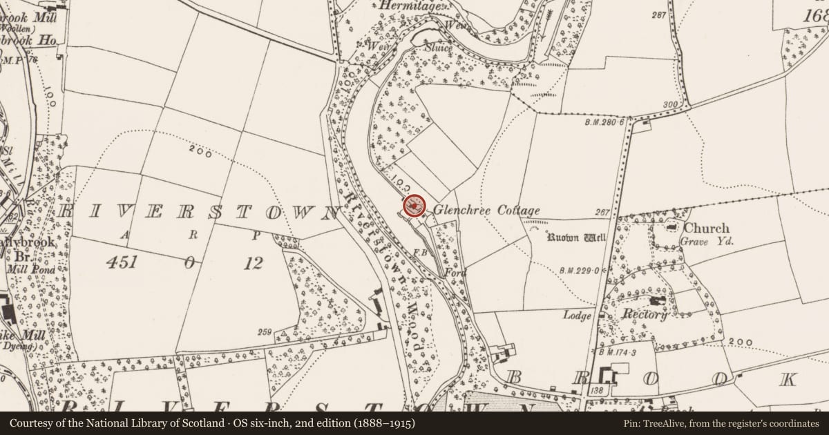 Ordnance Survey six-inch map, 2nd edition (1888–1915) covering the location of Mill - fulling, Brooklodge, County Cork, with a pin at the register's coordinates