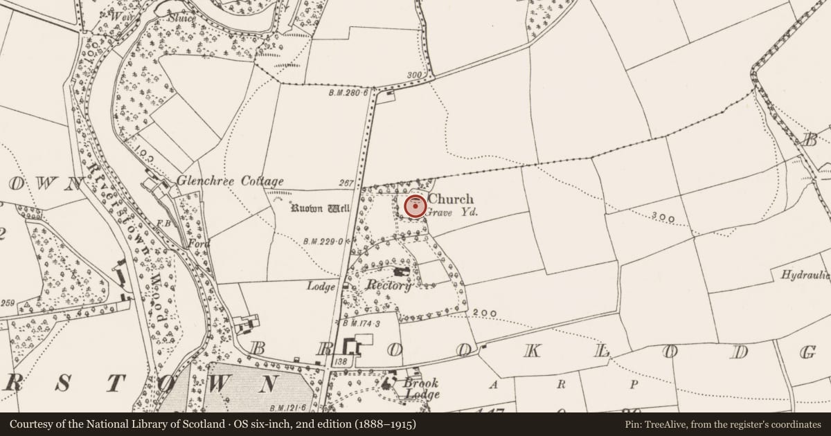 Ordnance Survey six-inch map, 2nd edition (1888–1915) covering the location of Graveyard, Brooklodge, County Cork, with a pin at the register's coordinates