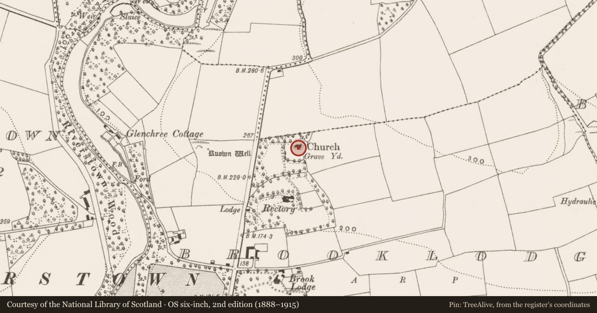 Ordnance Survey six-inch map, 2nd edition (1888–1915) covering the location of Church, Brooklodge, County Cork, with a pin at the register's coordinates
