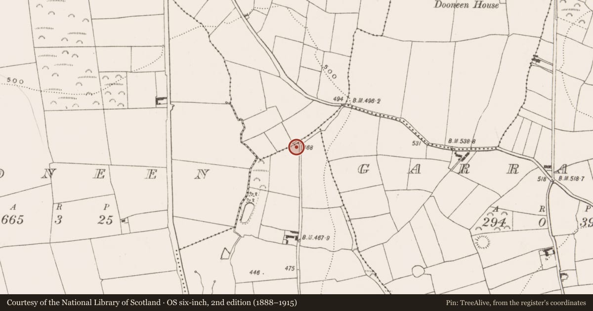 Ordnance Survey six-inch map, 2nd edition (1888–1915) covering the location of Fulacht fia, Tibbotstown, County Cork, with a pin at the register's coordinates