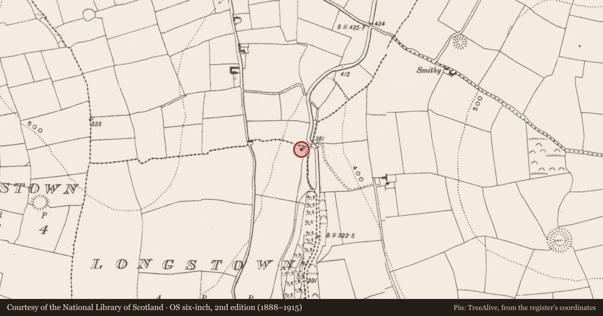 Ordnance Survey six-inch map, 2nd edition (1888–1915) covering the location of Fulacht fia, Longstown, County Cork, with a pin at the register's coordinates