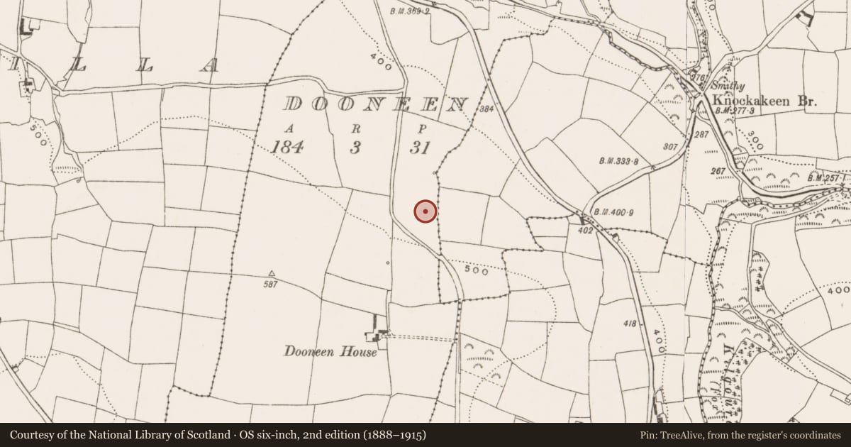 Ordnance Survey six-inch map, 2nd edition (1888–1915) covering the location of Fulacht fia, Dooneen, County Cork, with a pin at the register's coordinates