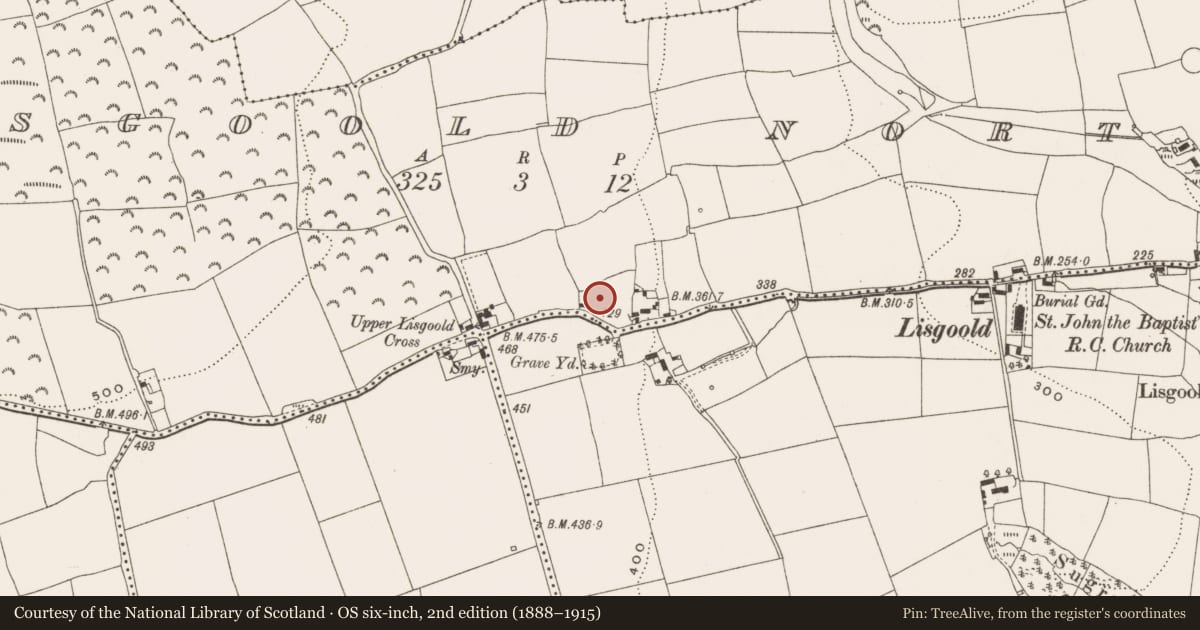 Ordnance Survey six-inch map, 2nd edition (1888–1915) covering the location of Souterrain, Lisgoold North, County Cork, with a pin at the register's coordinates