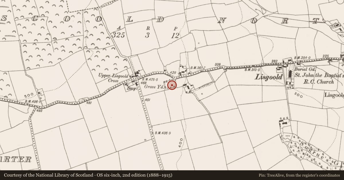 Ordnance Survey six-inch map, 2nd edition (1888–1915) covering the location of Graveyard, Lisgoold East, County Cork, with a pin at the register's coordinates