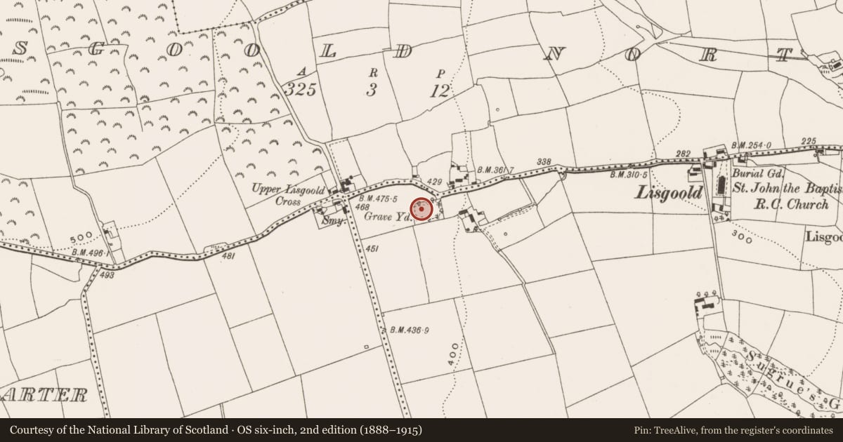 Ordnance Survey six-inch map, 2nd edition (1888–1915) covering the location of Church, Lisgoold East, County Cork, with a pin at the register's coordinates