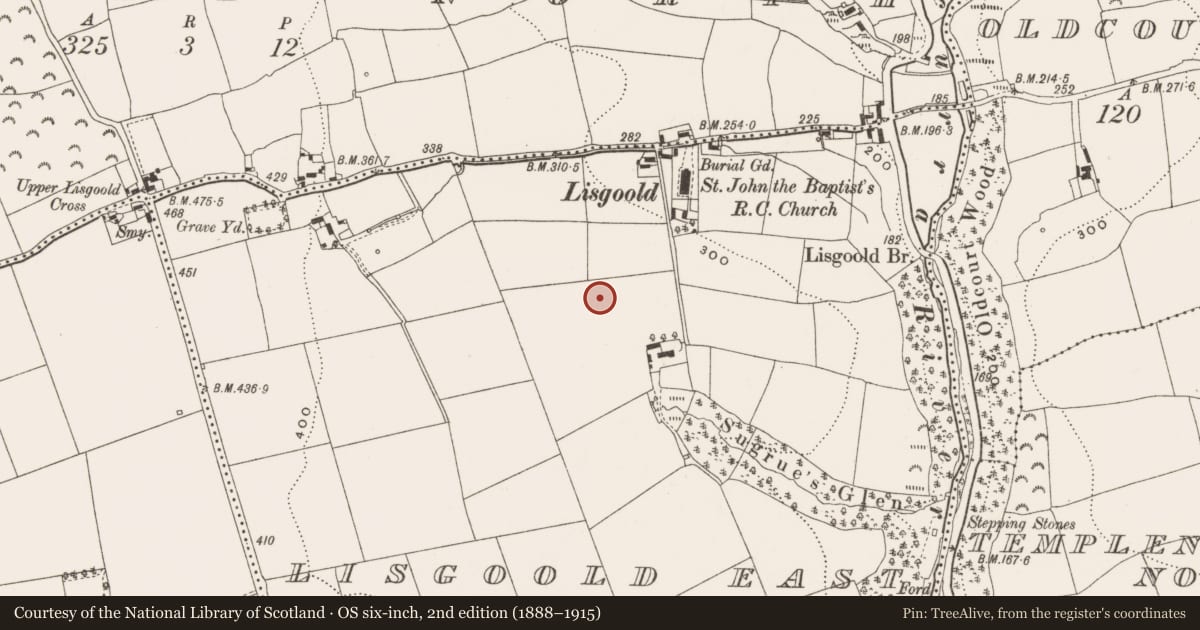 Ordnance Survey six-inch map, 2nd edition (1888–1915) covering the location of Enclosure, Lisgoold East, County Cork, with a pin at the register's coordinates