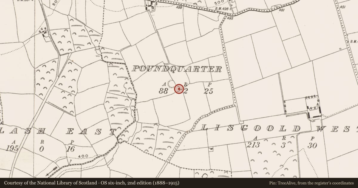 Ordnance Survey six-inch map, 2nd edition (1888–1915) covering the location of Ringfort - rath, Poundquarter, County Cork, with a pin at the register's coordinates