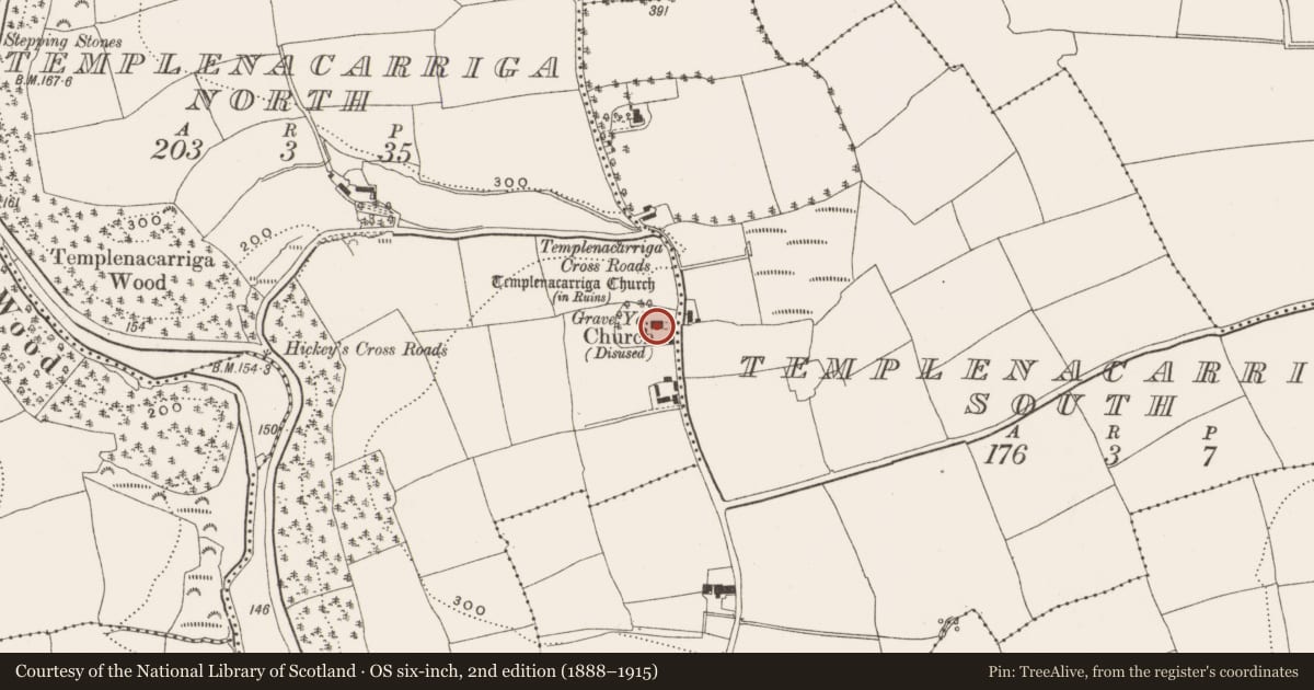Ordnance Survey six-inch map, 2nd edition (1888–1915) covering the location of Graveyard, Templenacarriga North, County Cork, with a pin at the register's coordinates