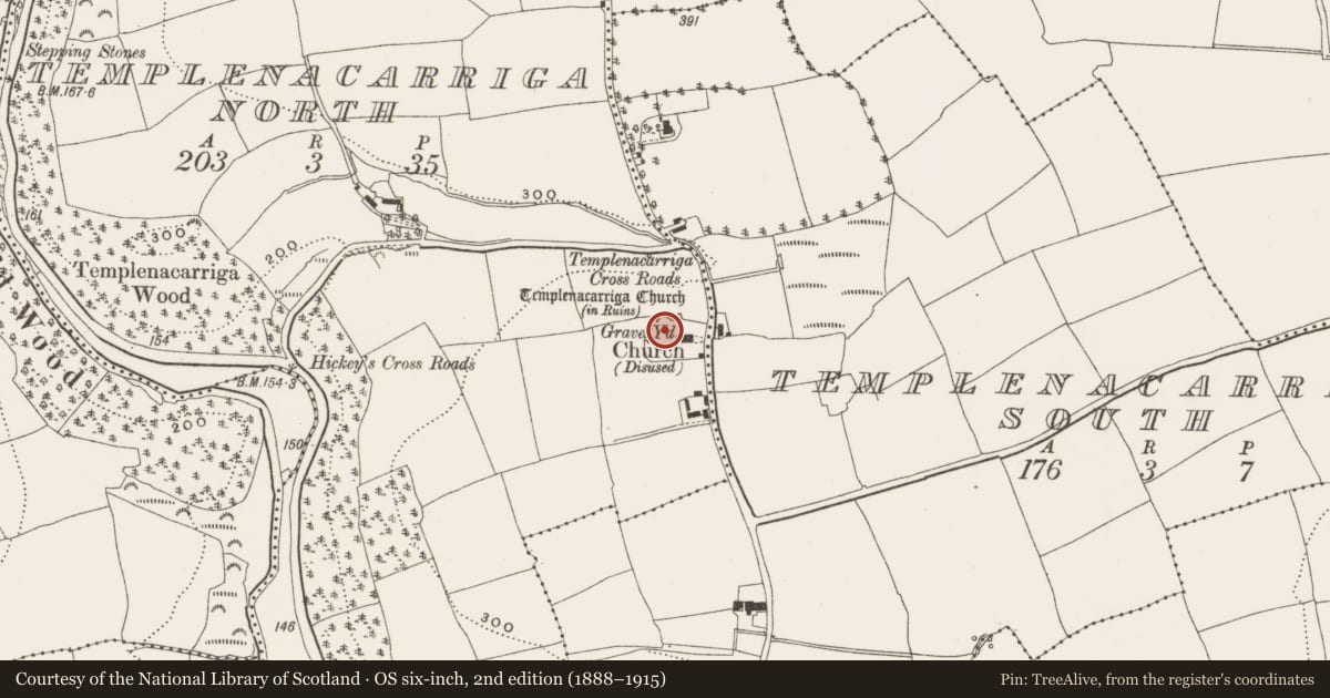 Ordnance Survey six-inch map, 2nd edition (1888–1915) covering the location of Church, Templenacarriga North, County Cork, with a pin at the register's coordinates