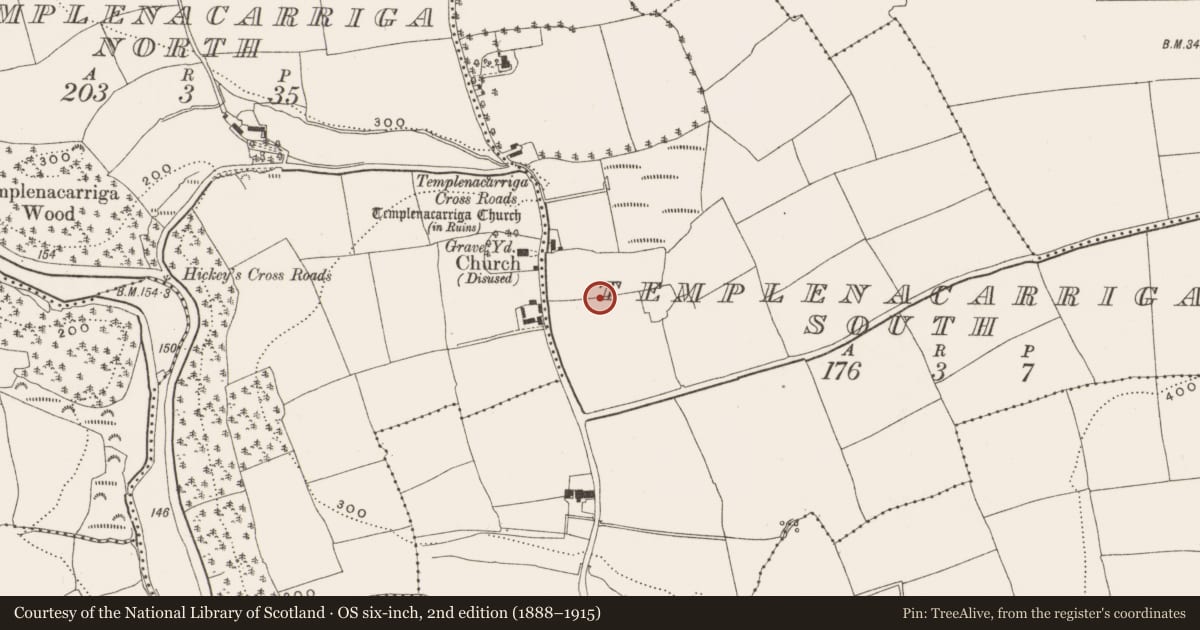 Ordnance Survey six-inch map, 2nd edition (1888–1915) covering the location of Standing stone, Templenacarriga South, County Cork, with a pin at the register's coordinates
