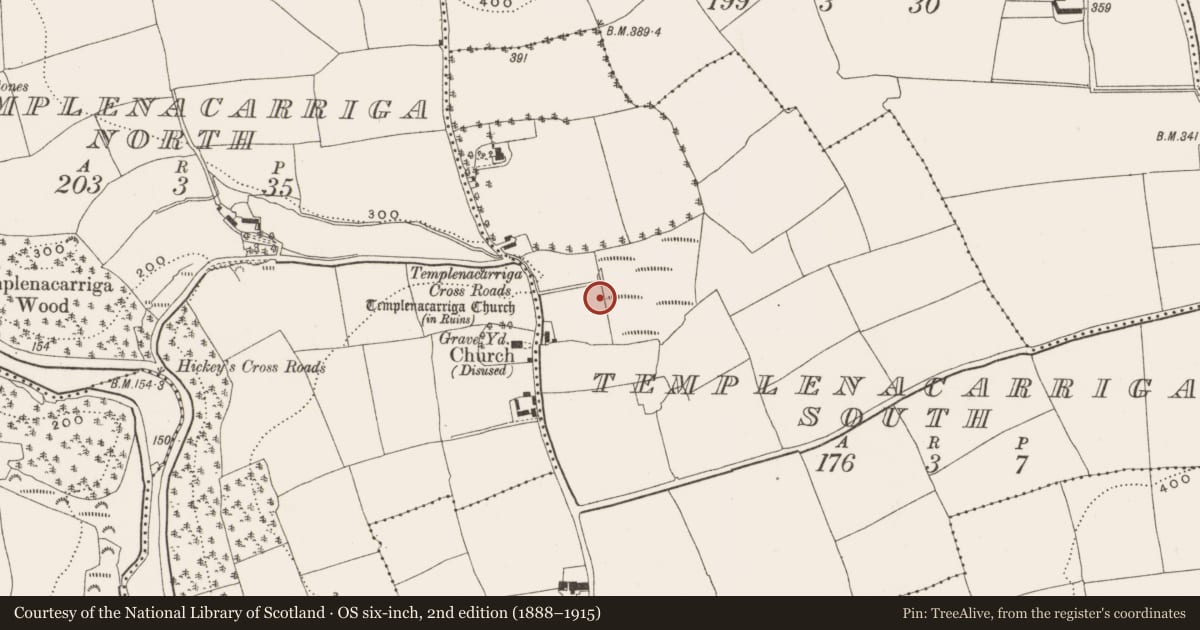 Ordnance Survey six-inch map, 2nd edition (1888–1915) covering the location of Fulacht fia, Templenacarriga South, County Cork, with a pin at the register's coordinates