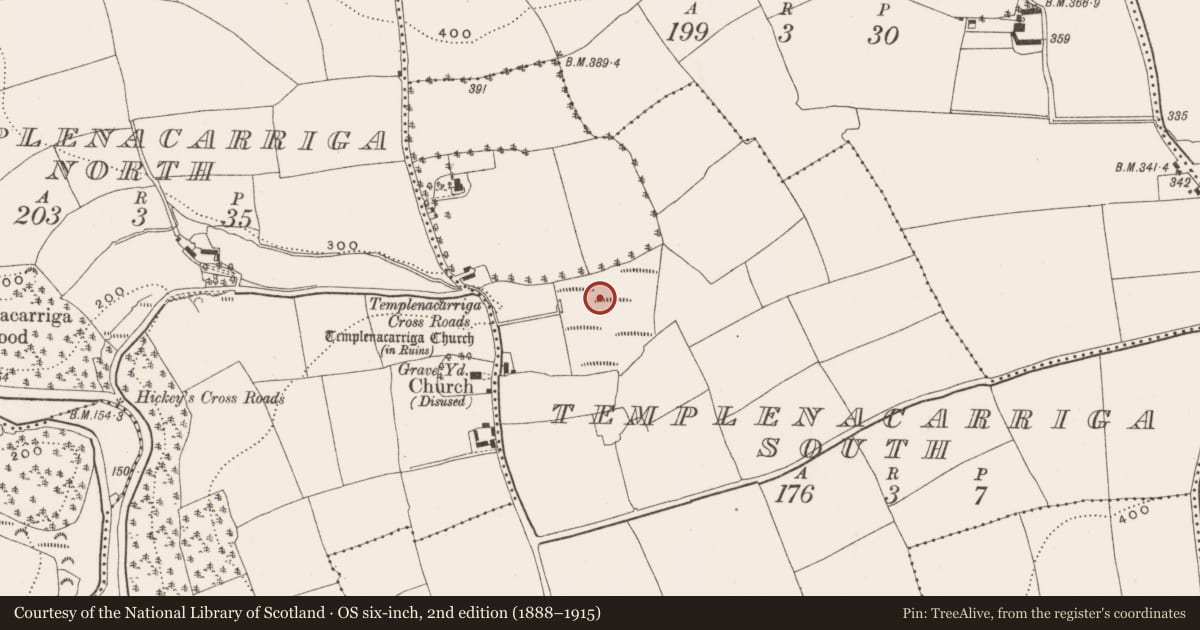 Ordnance Survey six-inch map, 2nd edition (1888–1915) covering the location of Fulacht fia, Templenacarriga South, County Cork, with a pin at the register's coordinates