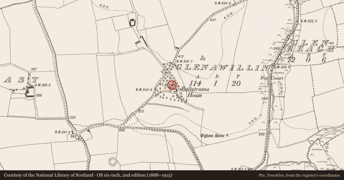 Ordnance Survey six-inch map, 2nd edition (1888–1915) covering the location of Souterrain, Glenawillin, County Cork, with a pin at the register's coordinates