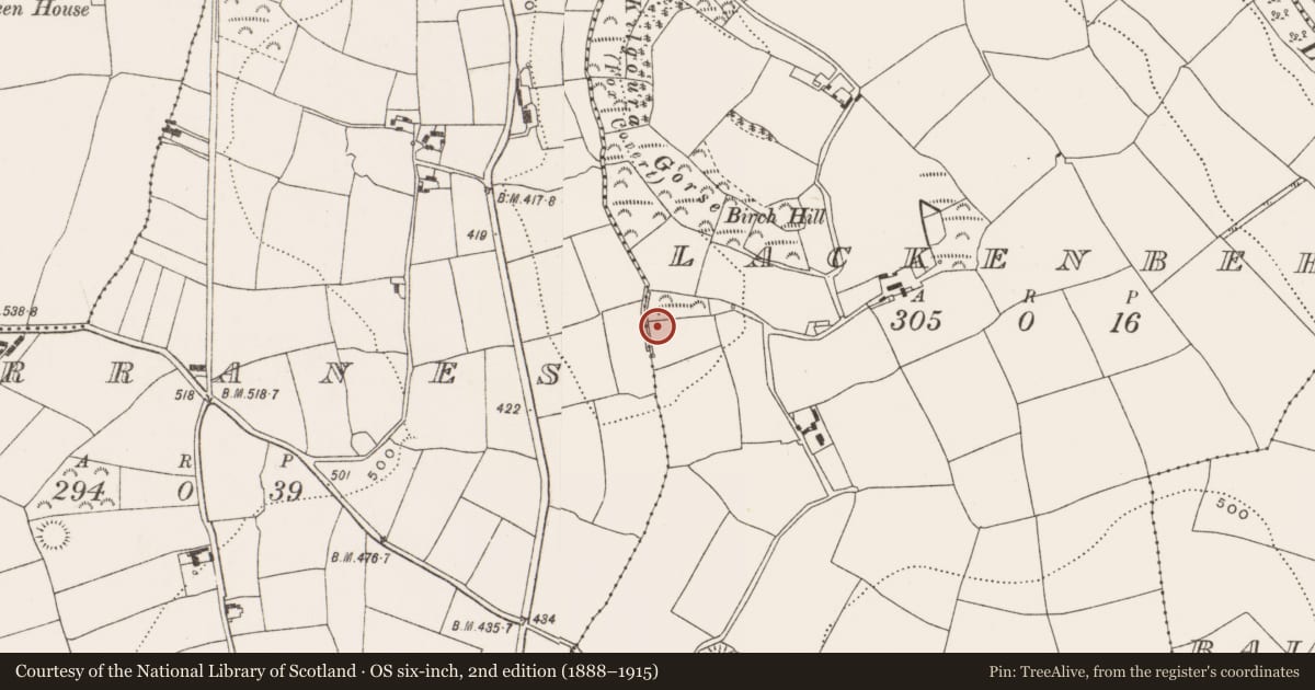 Ordnance Survey six-inch map, 2nd edition (1888–1915) covering the location of Fulacht fia, Lackenbehy, County Cork, with a pin at the register's coordinates