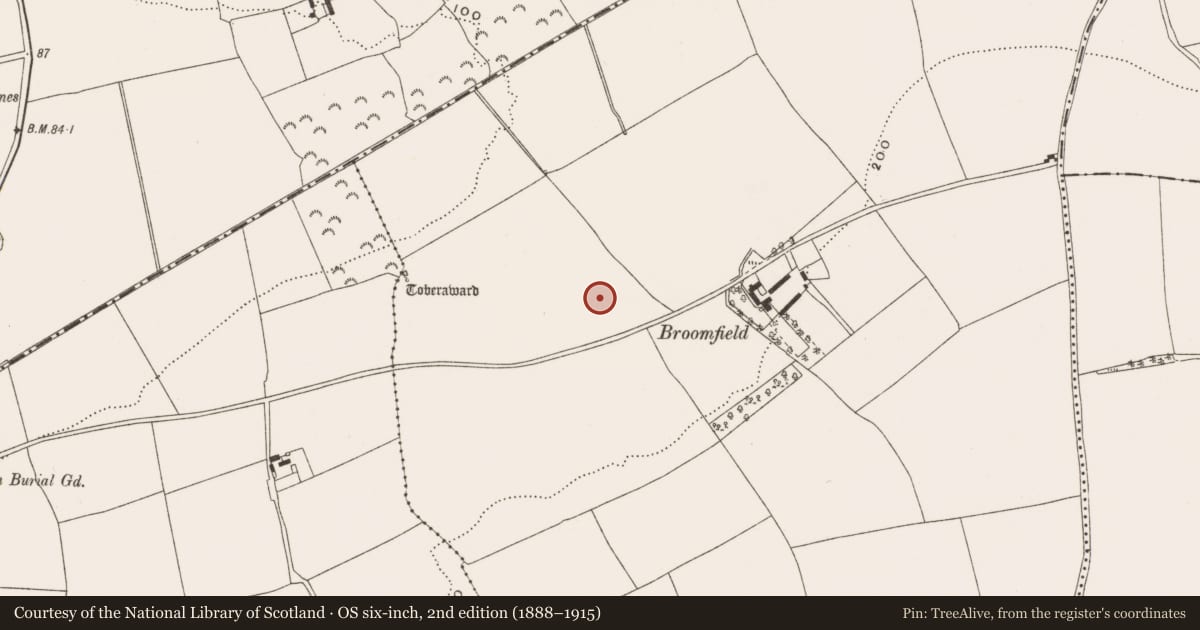 Ordnance Survey six-inch map, 2nd edition (1888–1915) covering the location of Fulacht fia, Broomfield East, County Cork, with a pin at the register's coordinates