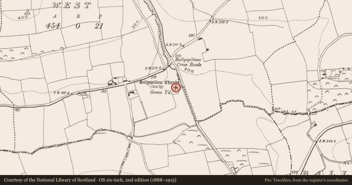 Ordnance Survey six-inch map, 2nd edition (1888–1915) covering the location of Graveyard, Ballyspillane West, County Cork, with a pin at the register's coordinates