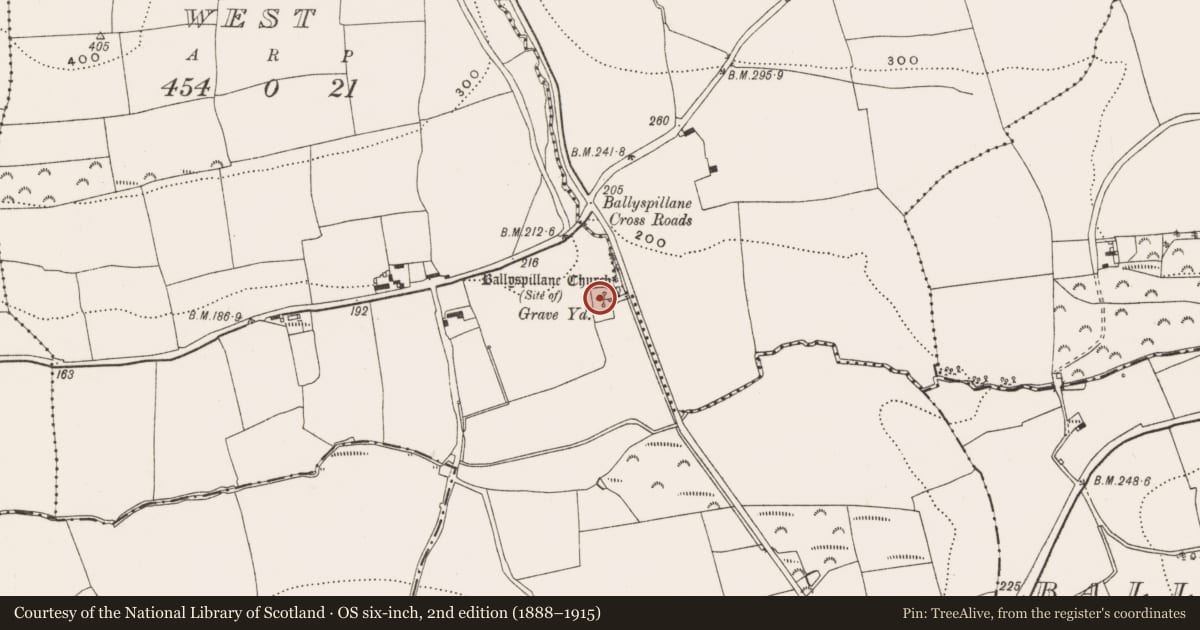 Ordnance Survey six-inch map, 2nd edition (1888–1915) covering the location of Church, Ballyspillane West, County Cork, with a pin at the register's coordinates