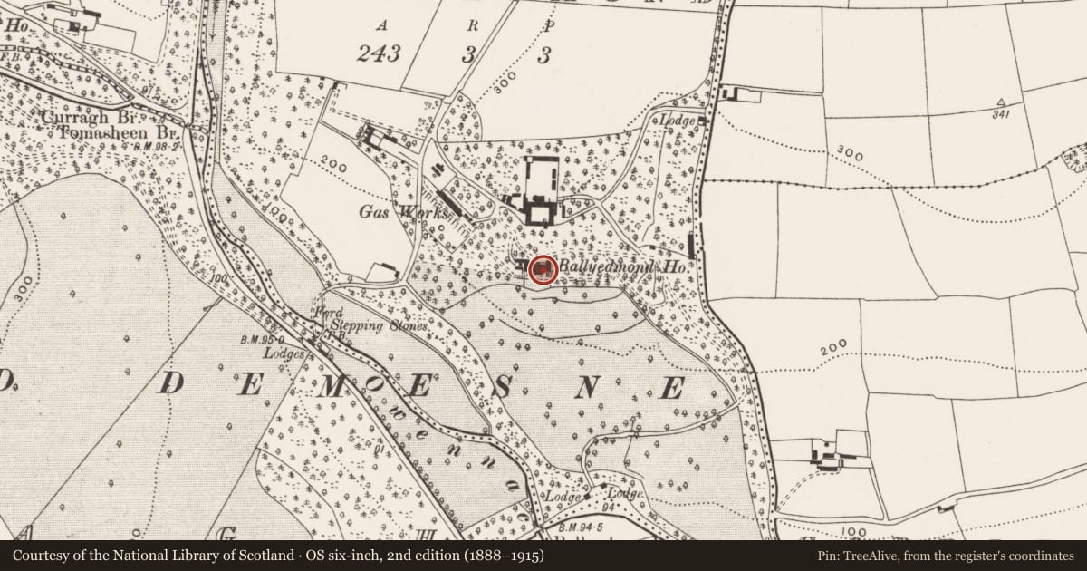 Ordnance Survey six-inch map, 2nd edition (1888–1915) covering the location of Country house, Ballyedmond, County Cork, with a pin at the register's coordinates