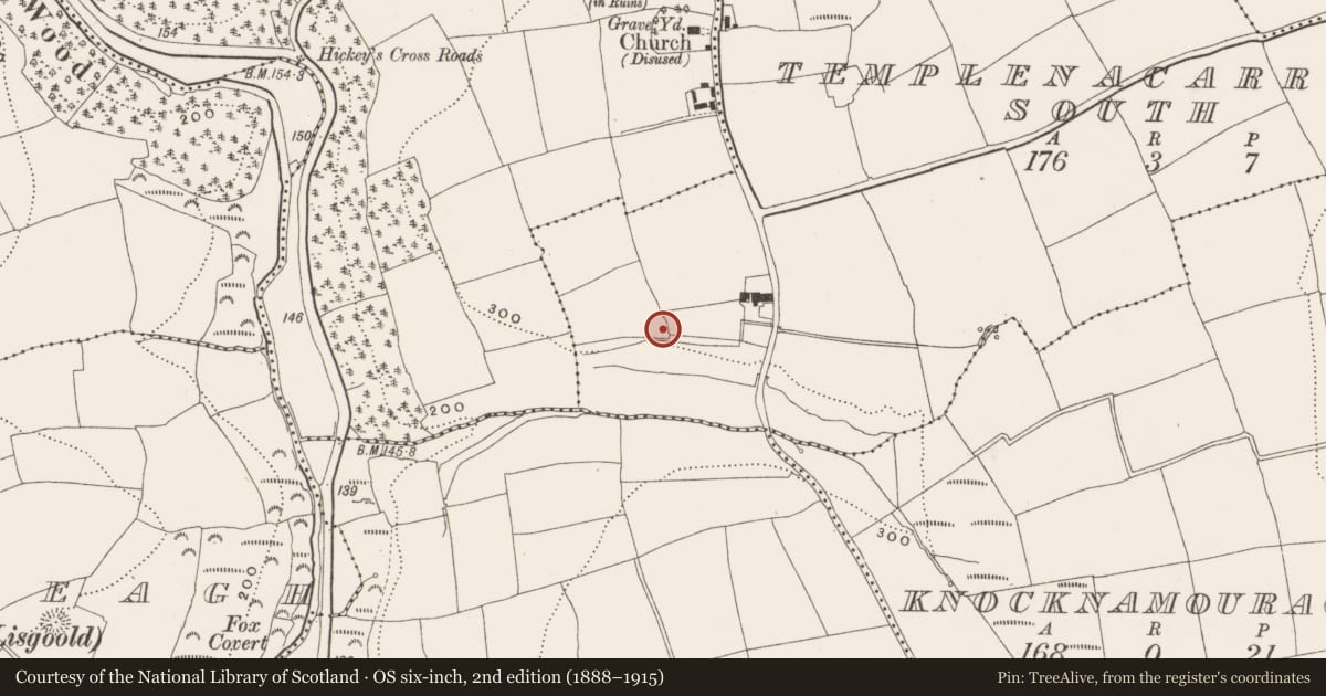Ordnance Survey six-inch map, 2nd edition (1888–1915) covering the location of Souterrain, Templenacarriga South, County Cork, with a pin at the register's coordinates