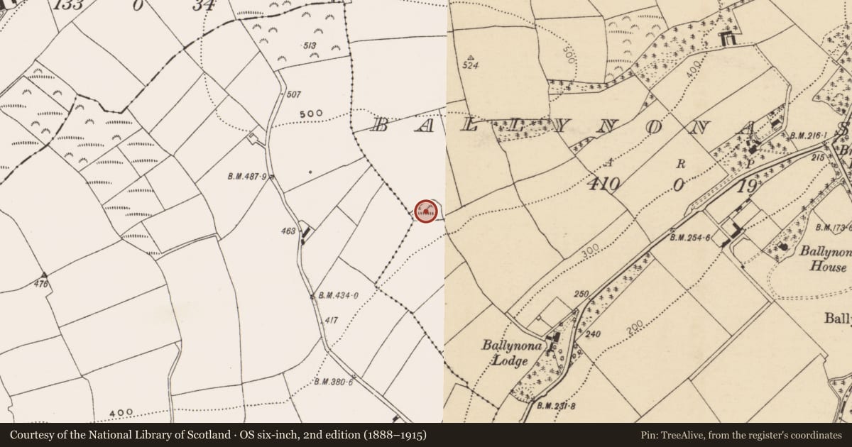 Ordnance Survey six-inch map, 2nd edition (1888–1915) covering the location of Fulacht fia, Ballynona South, County Cork, with a pin at the register's coordinates