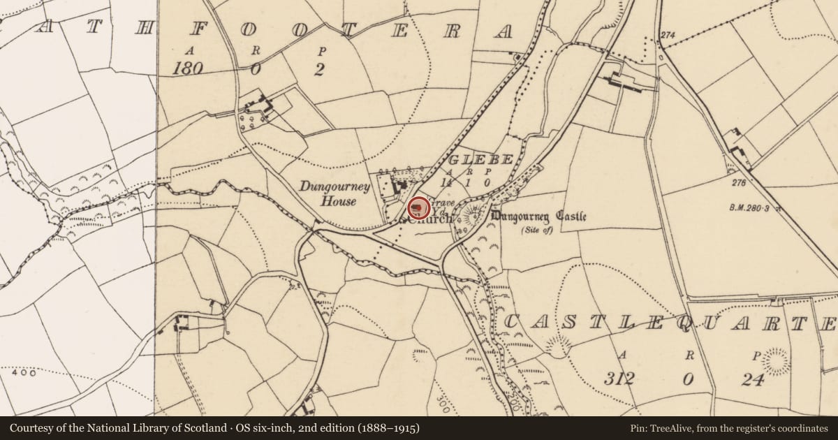 Ordnance Survey six-inch map, 2nd edition (1888–1915) covering the location of Church, Glebe (Barrymore By, County Cork, with a pin at the register's coordinates